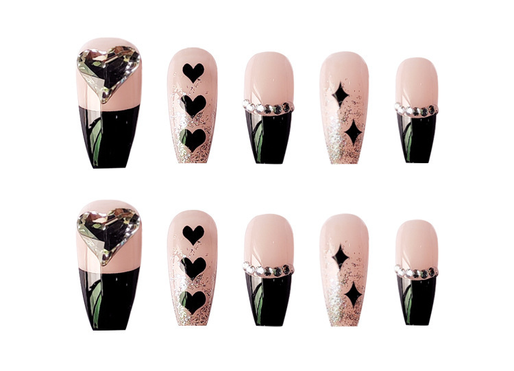 Unghie 24 pezzi Set glitter Press on con colla Design a cuore nero Unghie finte Unghie finte staccabili Copertura completa Nai_voghion.com