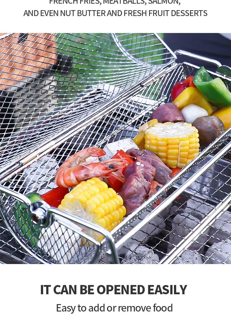 Roestvrijstalen Rollende BBQ-grill Mesh Basket Grill Rotisserie Basketrol Barbecue Kooi Kaffeebrander_voghion.com