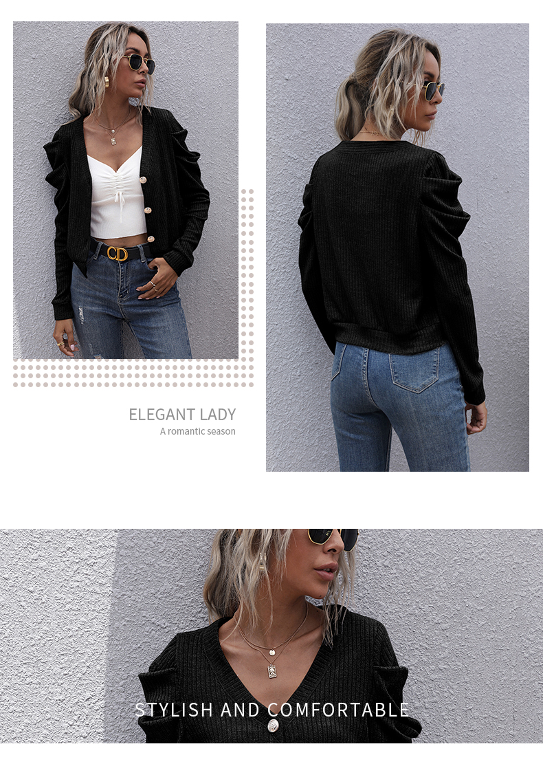 Cardigan maglione lavorato a maglia stile corto a maniche lunghe pieghettato con scollo a V tinta unita_voghion.com