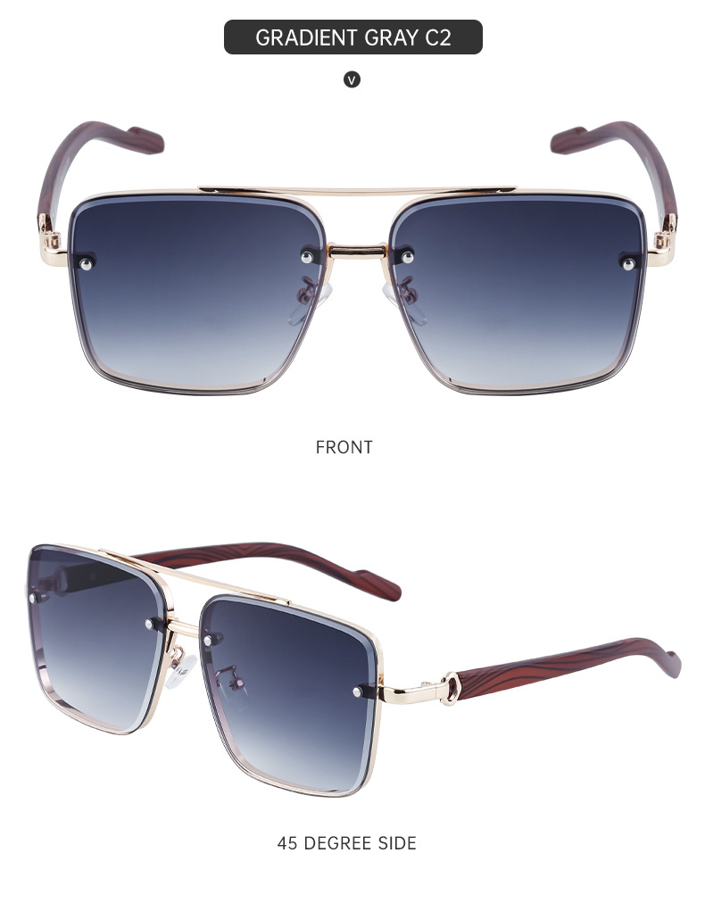 2024 Neue europäische und amerikanische Vintage-Doppelstrahl-Sonnenbrille aus Metall für Herren, Spiegelbeine aus Holzimitat, Anti-Blaulicht-Sonnenbrille für Herren_voghion.com