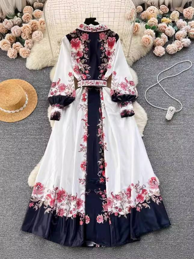 Women's Clothing color matching print slim long puff sleeve temperament dress spring dress _voghion.com