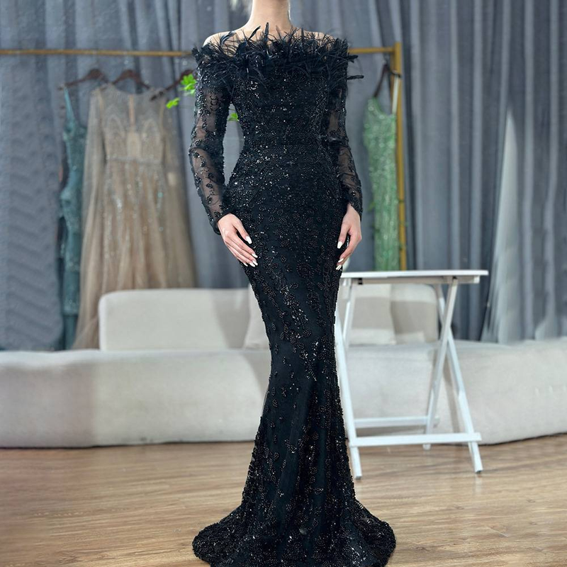 Elegantes schwarzes Abendkleid mit One-Shoulder-Ausschnitt, Feder-Fischschwanz und leichtem Luxus, Abendkleid für Promi-Bankette und Gastgeberinnen_voghion.com