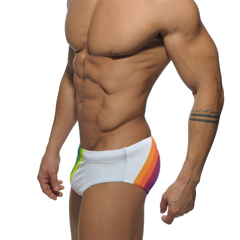 Men's Swimming Trunks With Rainbow Print, Low Waist, Men's Triangle Swimming Trunks, Cup Cover, Anti-embarrassment Tie, Beach Pants_voghion.com