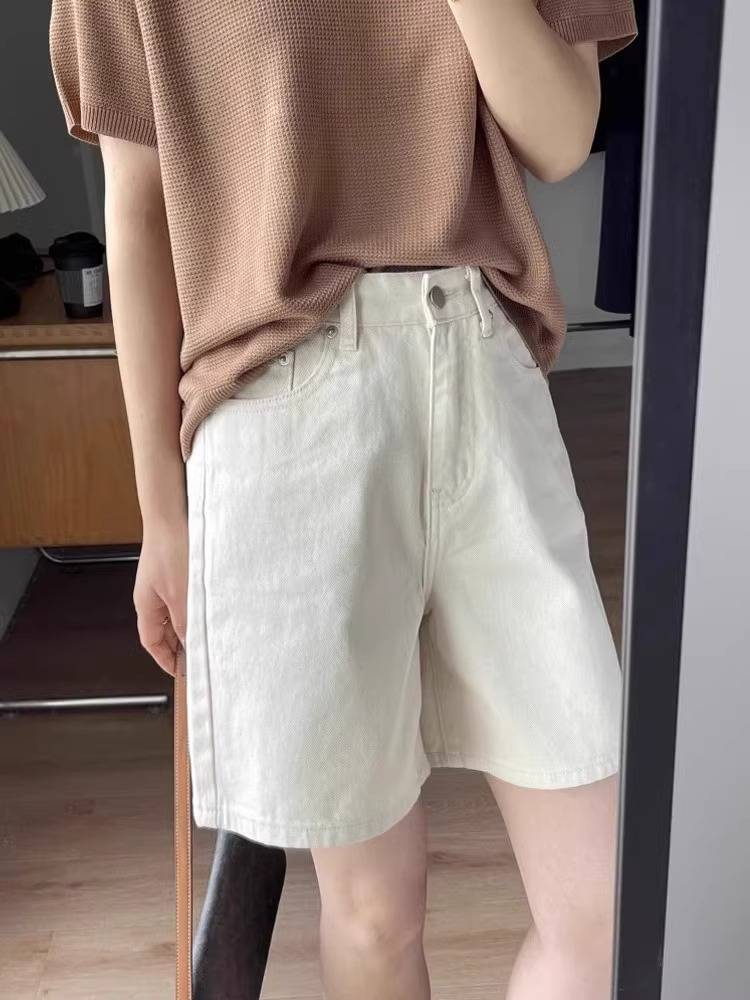 Thin, High-waisted, Loose Denim Shorts For Women, Large Size To Cover The Hips And Make Them Look Slimmer, Apricot-colored Mid-length Pants_voghion.com