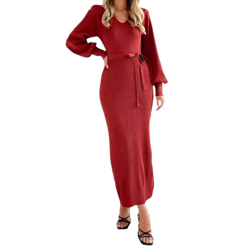 Robe d'hiver élégante en tricot pour femme avec décolleté en V profond et motif 3D - Robe ajustée à manches longues et taille haute (rouge foncé/rose vif)_voghion.com