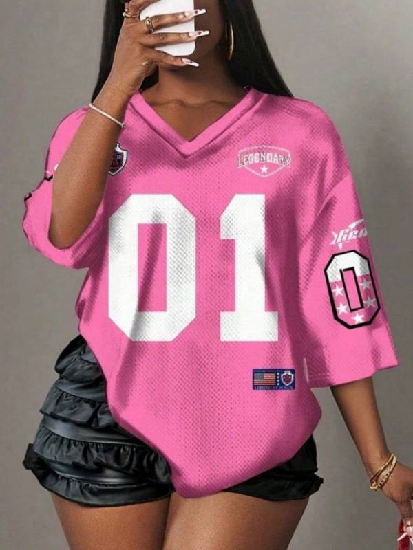 Maglietta oversize alla moda con scollo a V e maniche corte per donna - Stampa digitale alla moda, confortevole misto poliestere e spandex, moda streetwear_voghion.com