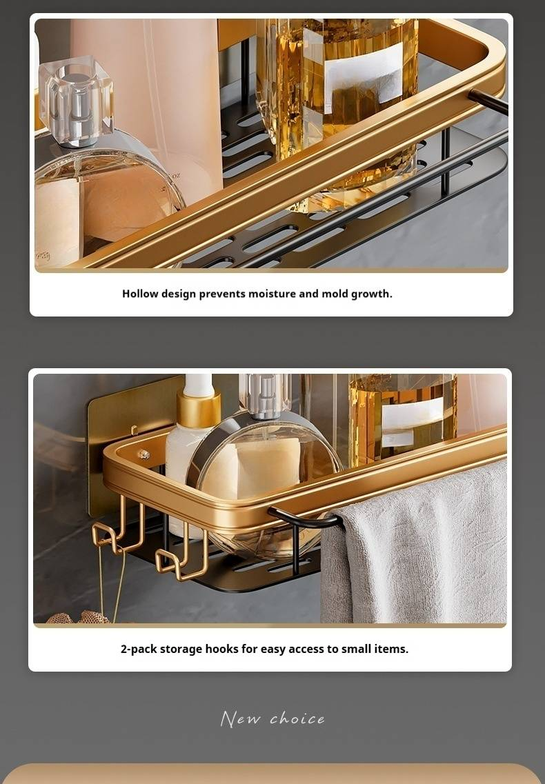 Wall-Mounted Bathroom Shelf – Rustproof Aluminum Organizer With Hooks (3-Tier Space-Saving Design, No-Drill Installation, Holds 15 Lbs)_voghion.com