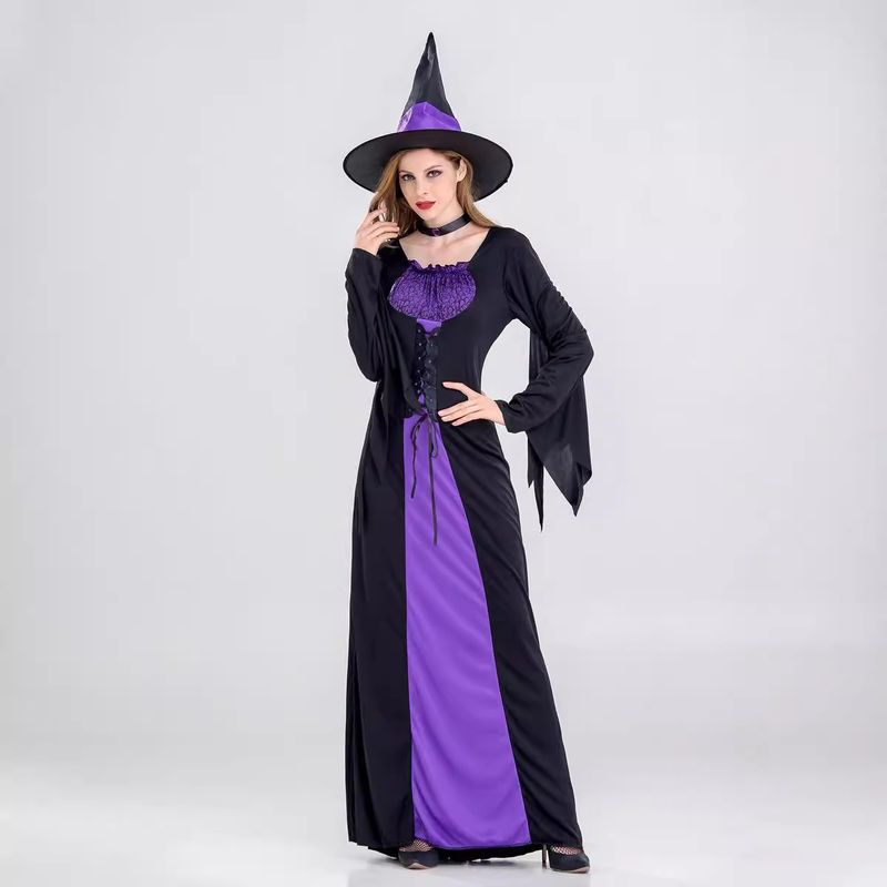 Halloween-Hexenkostüm für Damen – Gothic-Lila-Kleid mit spitzem Hut, Cosplay-Rollenspiel-Outfit für Partys und Bühnenauftritte_voghion.com