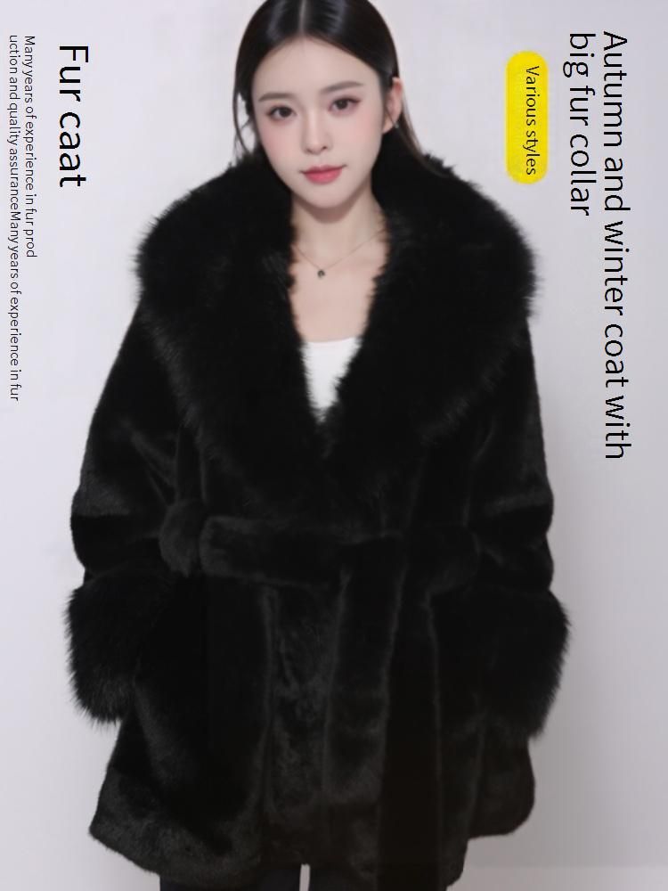 Elegant Faux Fur Coat With Belt & Oversized Collar - Winter Warm Plush Outerwear For Women In White, Black, Khaki, Brown, Leopard Print_voghion.com