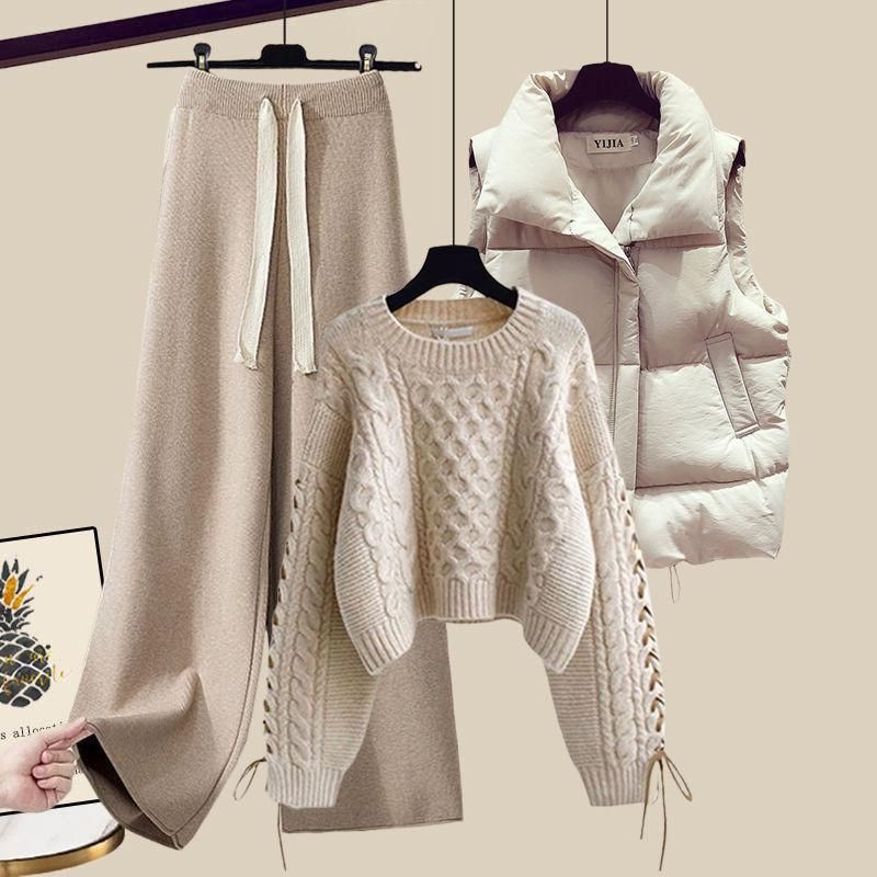 Women's Clothing Plus Size Women's Knit Sweater Vest & Pants Set - Trendy 3-Piece Outfit For Fall & Winter (Black Vest + Khaki Sweater + Khaki Pants)_voghion.com