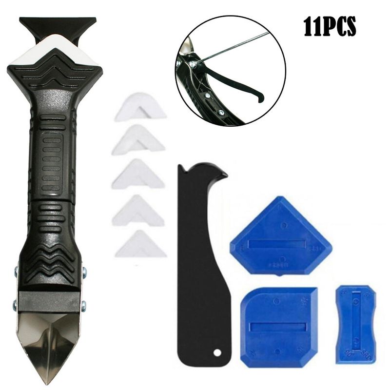 Kit di utensili per calafataggio da 11 pezzi con raschietto a gancio in metallo 5 in 1, lame morbide e angolate, perfetto per sigillare finestre, cucine e piastrelle._voghion.com