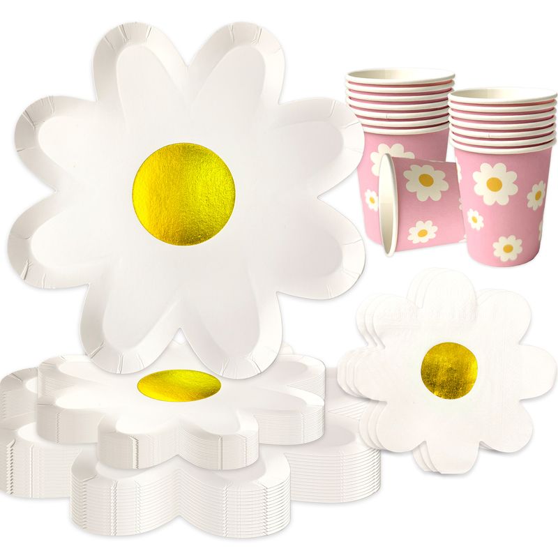 Elegant White Sunflower Disposable Party Tableware Set - 20pcs Floral Paper Plates, Cups, Napkins For Wedding, Birthday, Baby Shower Decorations_voghion.com