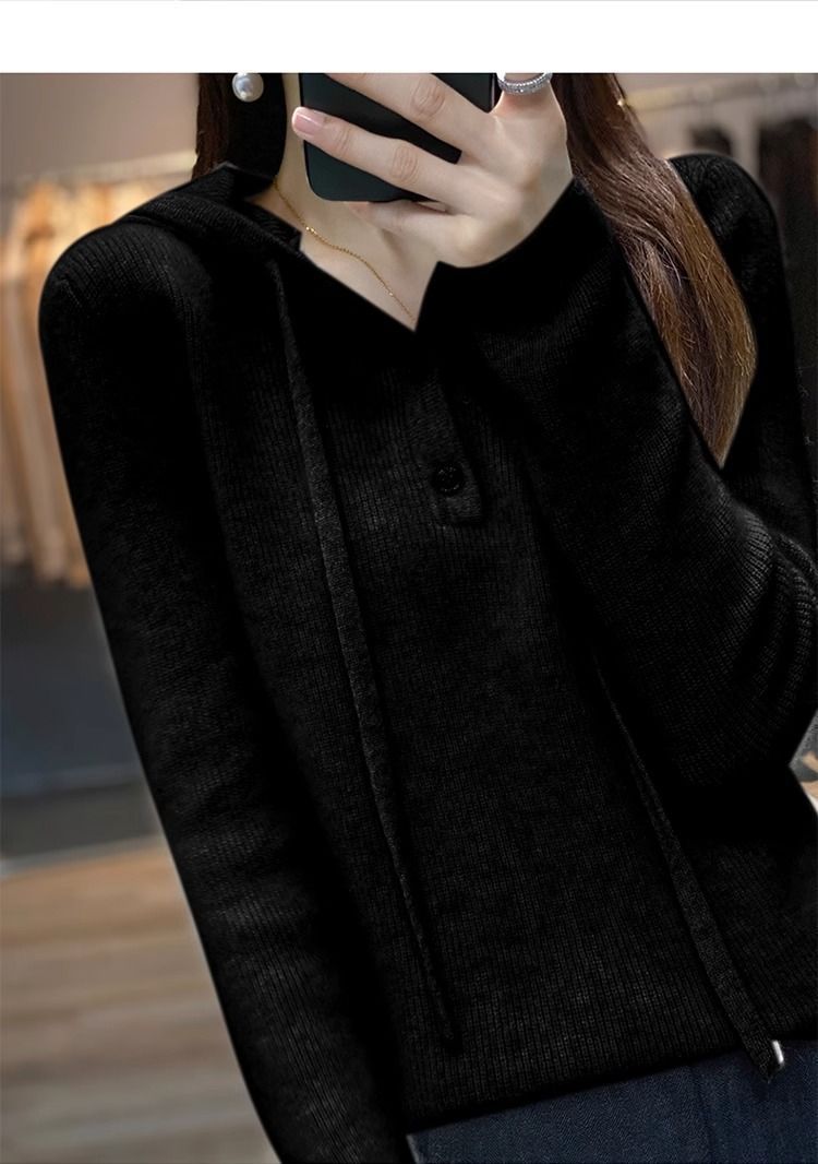 【 Cashmere Family 】 Korean version loose short wool base sweater women's hooded sweatshirt thick knit inner layer_voghion.com