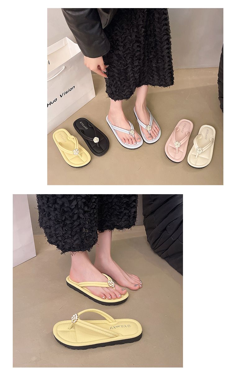 Sandales à enfiler décontractées à motif floral pour femme – Chaussons d'été légers avec semelle antidérapante, tongs plates confortables en bleu, jaune, rose, beige et noir_voghion.com