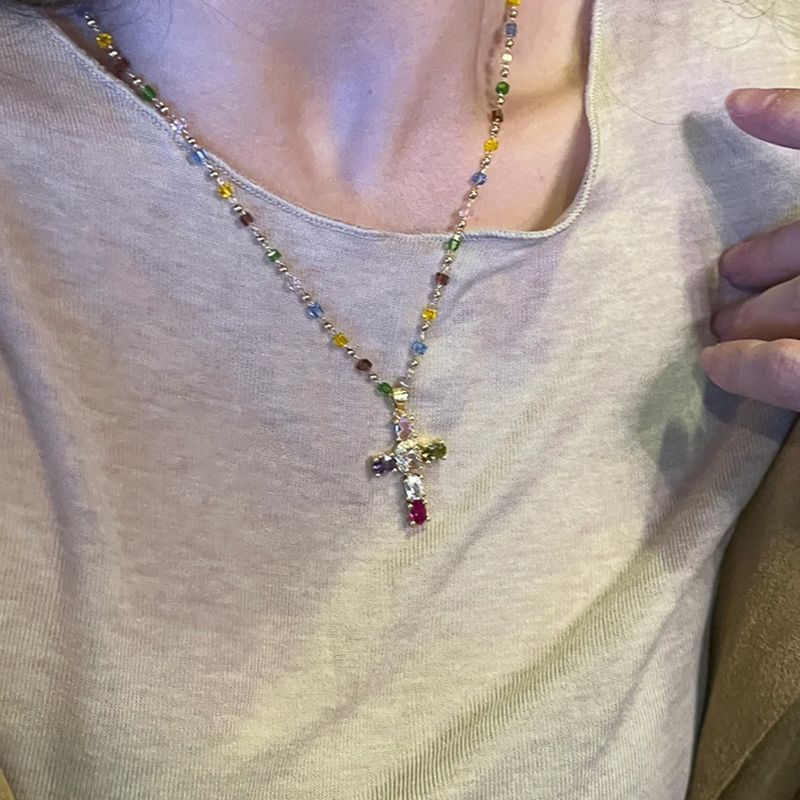 Colorful Zircon Cross Layered Wear Niche Versatile Ins Necklace Collarbone Chain Light Luxury High-end Sense Jewelry For_voghion.com