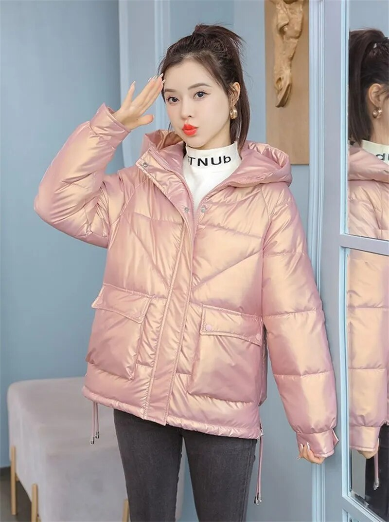 2023 nowych kobiet kurtka zimowa błyszcząca kurtka typu Parka luźny płaszcz podstawowy z kapturem bawełniane wyściełane kobiece parki kurtki studenckie_voghion.com