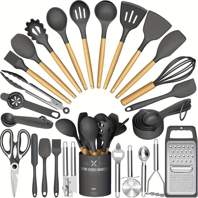34-teiliges Küchenhelfer-Set aus Silikon mit Halter, hitzebeständig, antihaftbeschichtet, Kochgeschirr, Werkzeuge, schwarze Holzgriffe, Vatergeschenk_voghion.com
