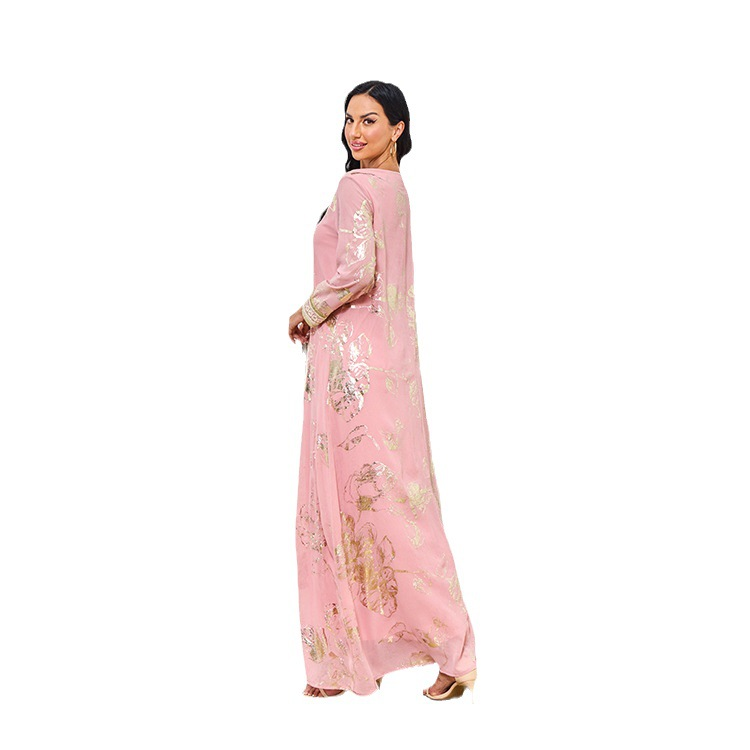 Mt085 Spring New Muslim Hot Stamped Fashion Robe With Belt Pink Dress_voghion.com