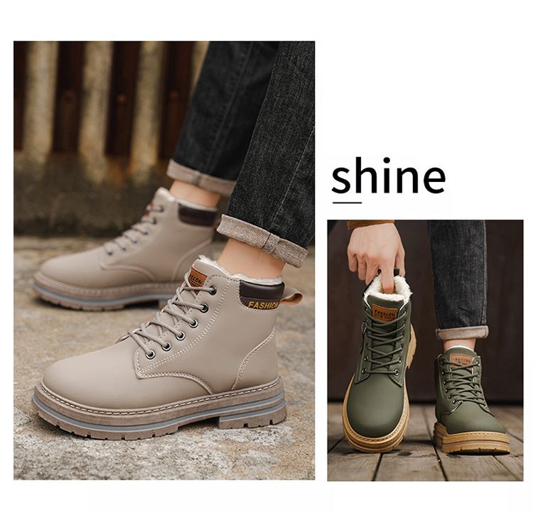 Men's Classic British Style Fleece-Lined Martin Boots - Comfortable Round Toe Casual Shoes For Winter (Khaki, Black, Gray, Green)_voghion.com