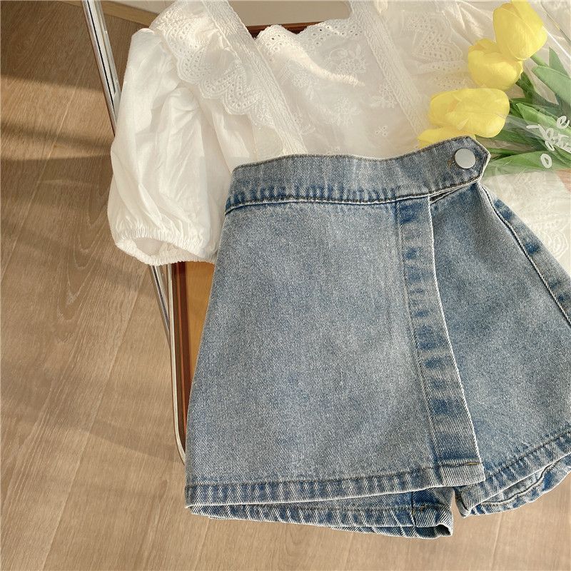 Kinderkleidung für Mädchen, modisches zweiteiliges Set aus Spitzentop und Jeans_voghion.com