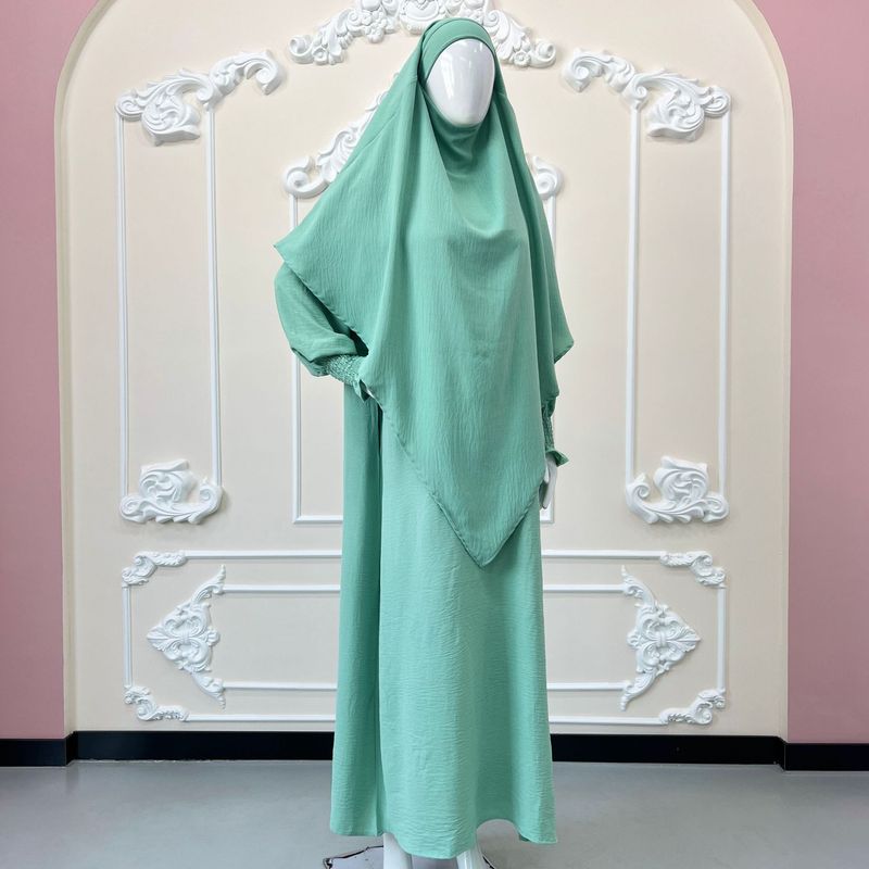 Women's Clothing Ice Silk Wrinkled Two Piece Suit Solid Color Pocket Robe Front One Back Two Double Layer Headscarf_voghion.com
