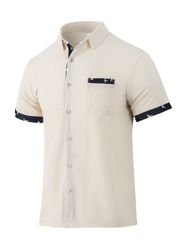 Camicia da uomo a maniche corte con risvolto, casual, in tessuto a nido d'ape, con bottoni e tasche_voghion.com