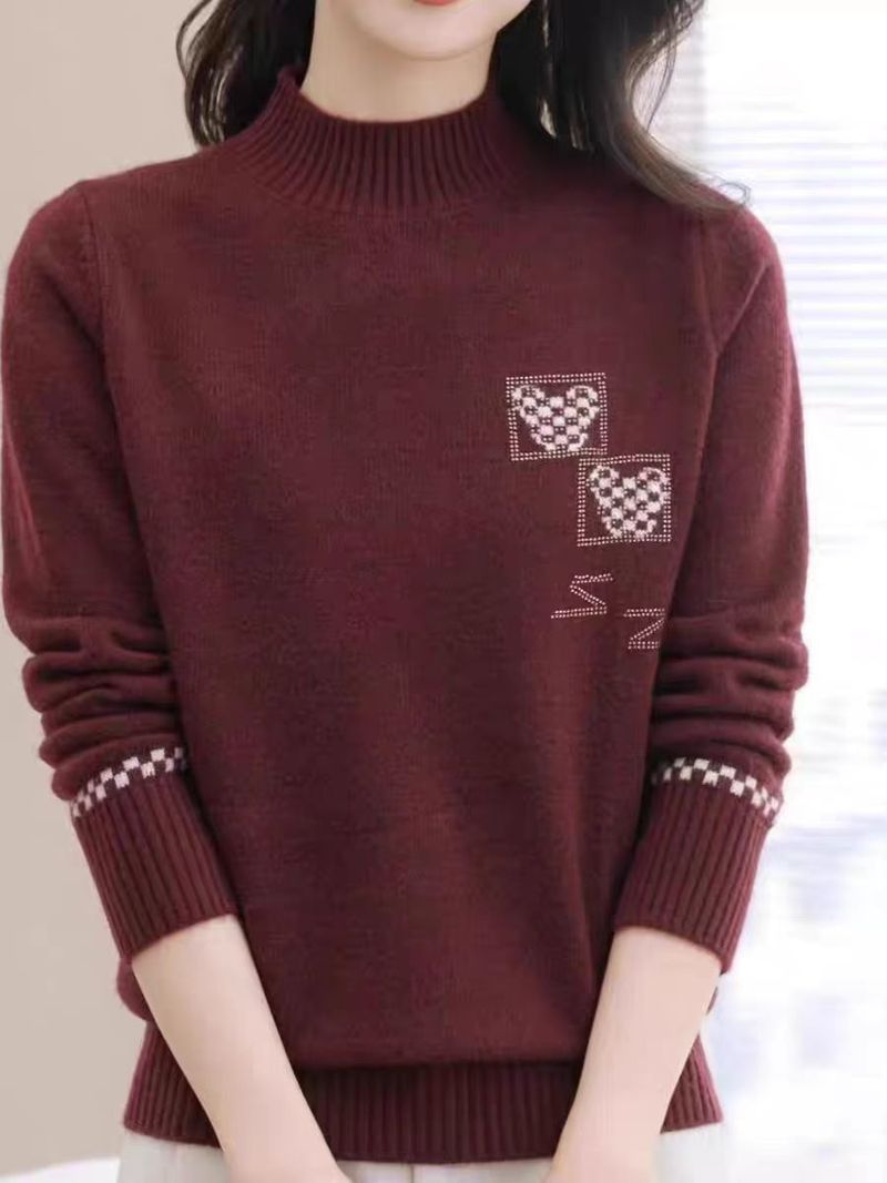 【Cashmir Family】 Halvhög hals, kort yllebas för medelålders kvinnor och mödrar, löst stickad tröja i innerlager_voghion.com