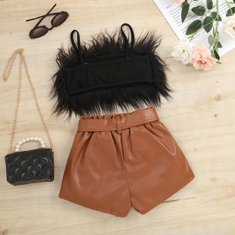 Mother&Kids Girls' halter top solid color open bag leather pants furry set with belt_voghion.com