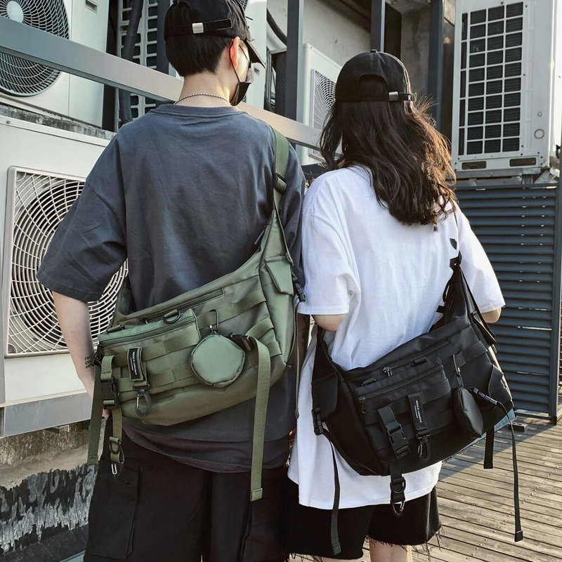 Schulter Gothic Schwarz Umhängetasche Messenger Tragetaschen Für Männer Frauen Shopper Nylon Hip Hop Techwear Satchel Taille Goth_voghion.com