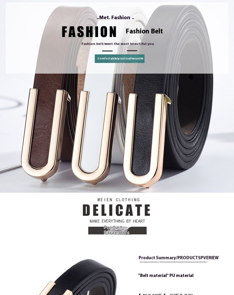 New Fashion U-shaped Alloy Head Button Thin Versatile Dress 1.5cm Solid Color Slim Fit Women's Belt_voghion.com