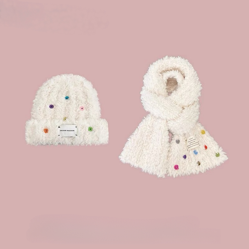 Chapeau en peluche à boutons colorés rouges en maille de styliste pour l'automne et l'hiver, écharpe tricotée rouge en maille chaude pour la chaleur et l'épaississement, chapeau tricoté mignon_voghion.com