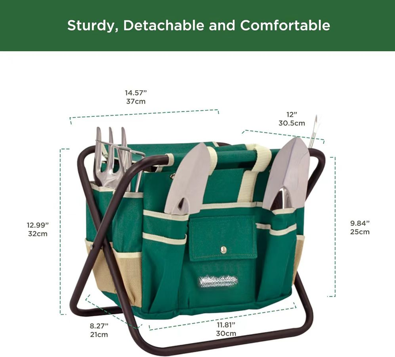 Ensemble d'outils de jardinage, 7 pièces, tabouret pliant et sac fourre-tout en toile amovible, vert et blanc, cadeaux de jardinage idéaux_voghion.com