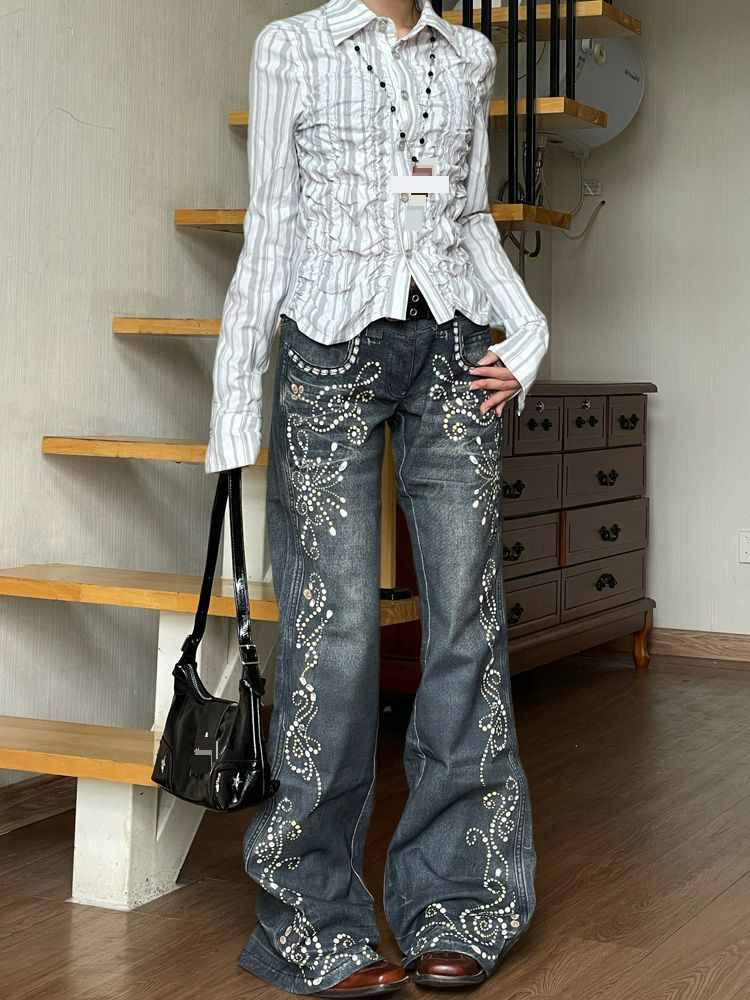 Damen Street Hot Girl Gem Muster Design Schlaghose Freizeithose_voghion.com