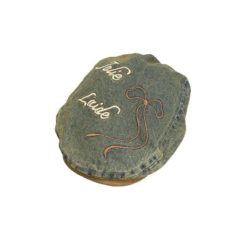 Damenhüte Retro Washed Denim Baskenmütze für Damen Neuer Stil Großer Kopfumfang Kleiner Vorwärtshut Schleifenknospenhut_voghion.com