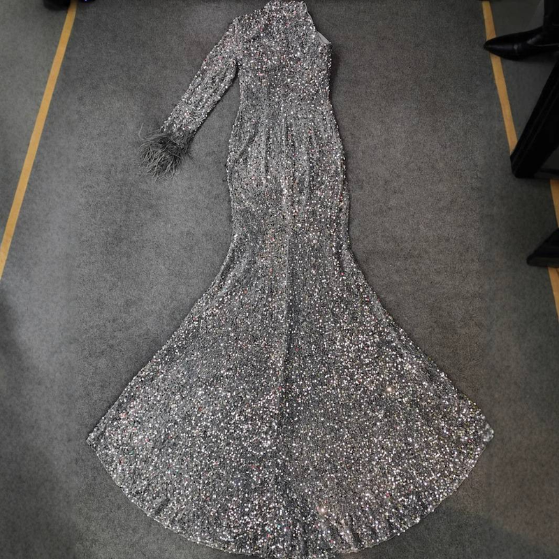 Elegant V-Neck Long Sleeve Bodycon Evening Dress With Slit & Glitter For Parties, Banquets, And Special Occasions_voghion.com