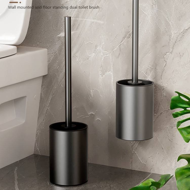 Brosse de toilette avec tête amovible, manche en aluminium et poils en nylon, fixation murale sans perçage pour un nettoyage facile_voghion.com