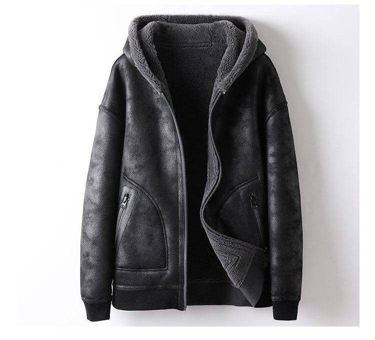 Męska dwustronna kurtka typu bomber z owczej skóry – zimowy płaszcz z kapturem i podszewką ze sztucznego futra (M-6XL, szary/khaki)_voghion.com