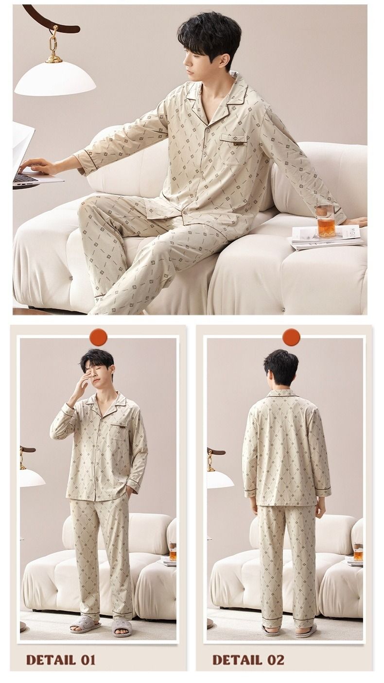 Men's Spring/Autumn New Long Sleeve Autumn/Winter Thin Men's Loose Large Size Home Clothes Set Pure Cotton Pajamas_voghion.com