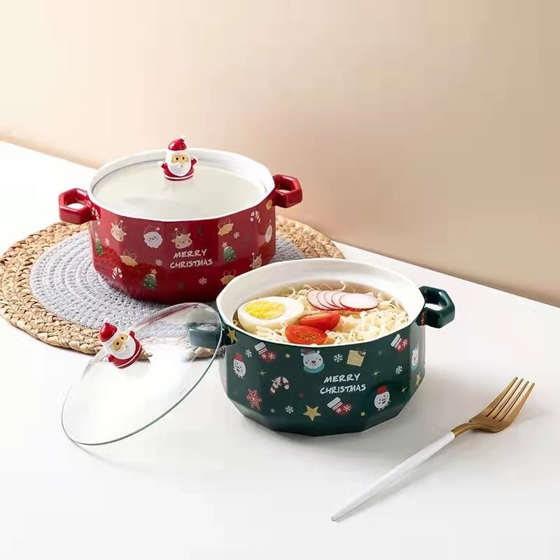 Christmas-Themed Ceramic Noodle Bowl With Lid - Nordic Style Single Serving Soup Bowl For Home, Dorm & Binge-Watching (14.5cm, Microwave Safe)_voghion.com