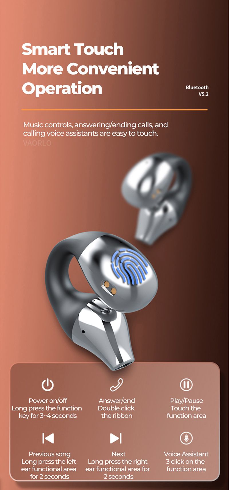 Ακουστικά με κλιπ αυτιών, συμβατά με Bluetooth, ασύρματα ακουστικά HIFI 5.2, με δυνατότητα αφής, ανοιχτή ακρόαση, ακουστικά με ακύρωση θορύβου και μικρόφωνο_voghion.com