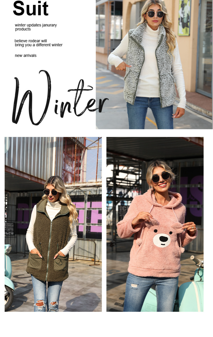 Women's round neck long sleeve jumper zipper medium long solid color plush splicing hoodie_voghion.com