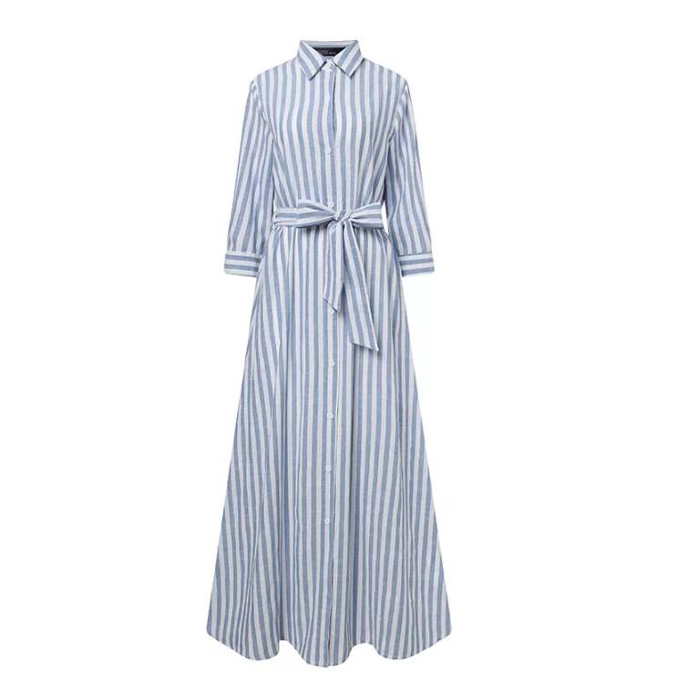 Women Striped Sundress Summer Elegant Long Shirt Dress Casual Lapel Neck Long Sleeve Work Vestidos Oversize Party Robe_voghion.com