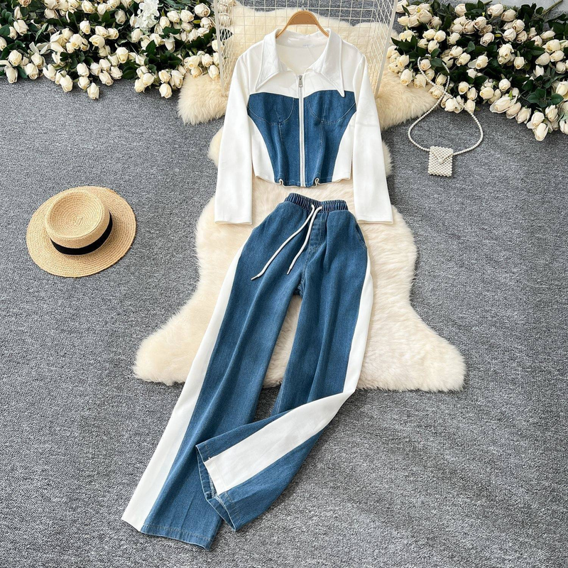 Design de roupas femininas lapela manga comprida patchwork denim top jaqueta feminina cintura alta perna larga calças terno_voghion.com
