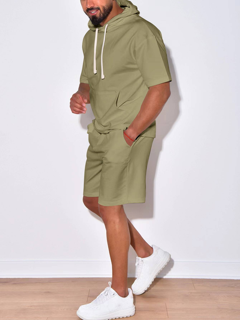 Nuovo prodotto 2025, abbigliamento sportivo casual da uomo europeo e americano, a maniche corte e pantaloncini, con cappuccio, tinta unita, due pezzi_voghion.com