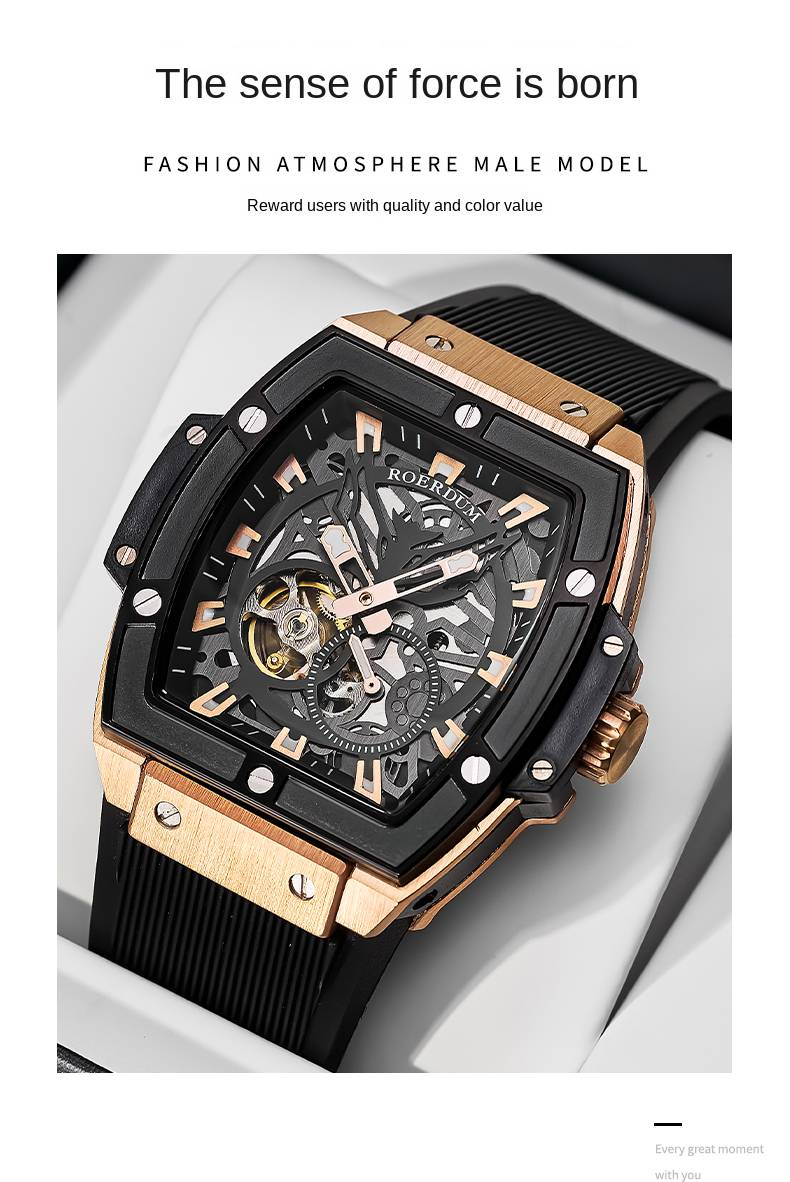 ROERDUM Cyberpunk Series Double Skeleton Dial Silicone Strap Black Dial Casual Stylish Men's Mechanical Watch_voghion.com