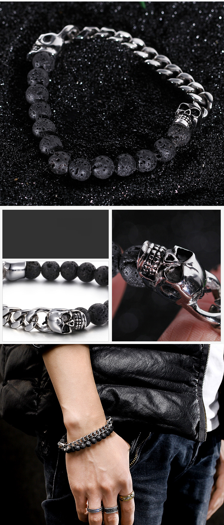 Men's Gothic Titanium Steel Skull Bead Bracelet With Volcanic Stone And Tiger Eye - Stylish And Durable Jewelry For Men_voghion.com