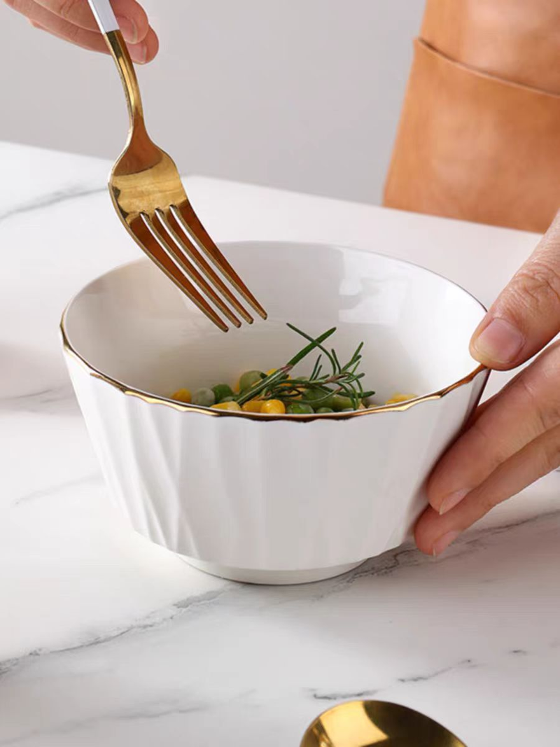 Keramik-Geschirr für zu Hause, 11,4 cm, 6-teiliges Set, stilvolle nordisch inspirierte Schalen mit Goldrand, hochwertiger Ins-Stil, perfekt für Reissuppe, Neuankömmling_voghion.com