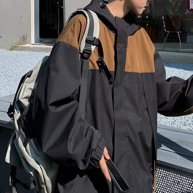 Unisex Retro Color-Block Windbreaker – Lightweight Water-Resistant Workwear Jacket With Hood (Black/Brown/Green)_voghion.com