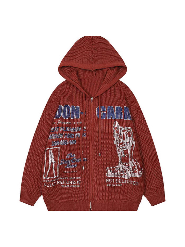 Vintage-Inspired 3d Print Hooded Knit Sweater | Oversized Streetwear Pullover | Soft Viscose Blend | Grey/Black/Red_voghion.com