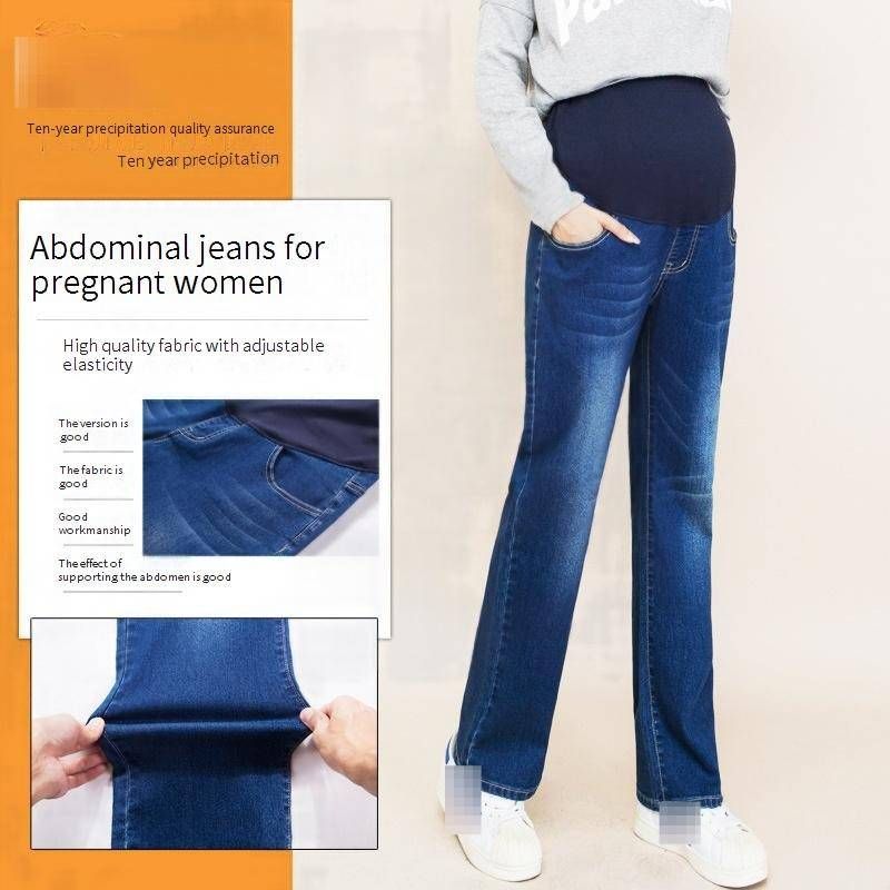 Jean de grossesse à jambes droites - Pantalon en coton stretch pour femme enceinte (Bleu classique, M-XXL)_voghion.com
